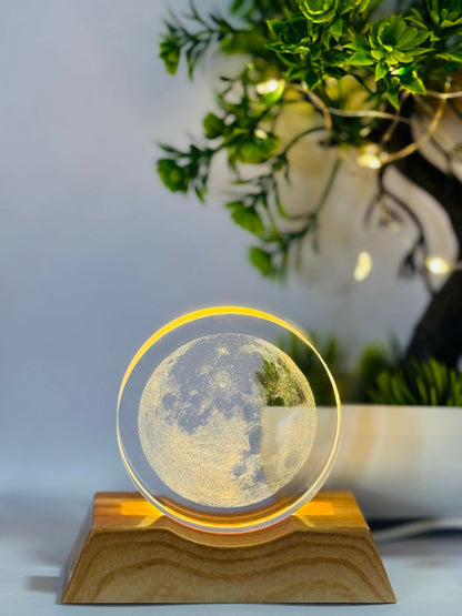 3D Moon LED Night Lamp with Wooden Base | Laser Engraved Full Moon Acrylic Light for Bedroom, Home Decor, Desk & Gifting | Lunar Glow Ambient Lamp with USB Power | Celestial Mood Light