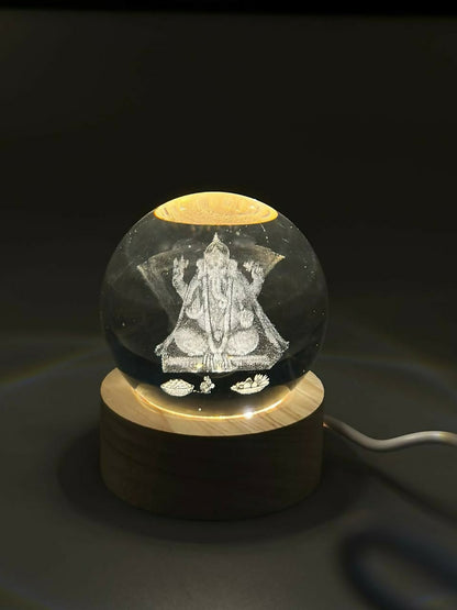 3D Crystal Glass Ball with LED Wooden Base – Engraved Lord Ganesha Decorative Night Light – Spiritual Gift for Home, Mandir, Diwali, Office Desk, and Meditation Décor