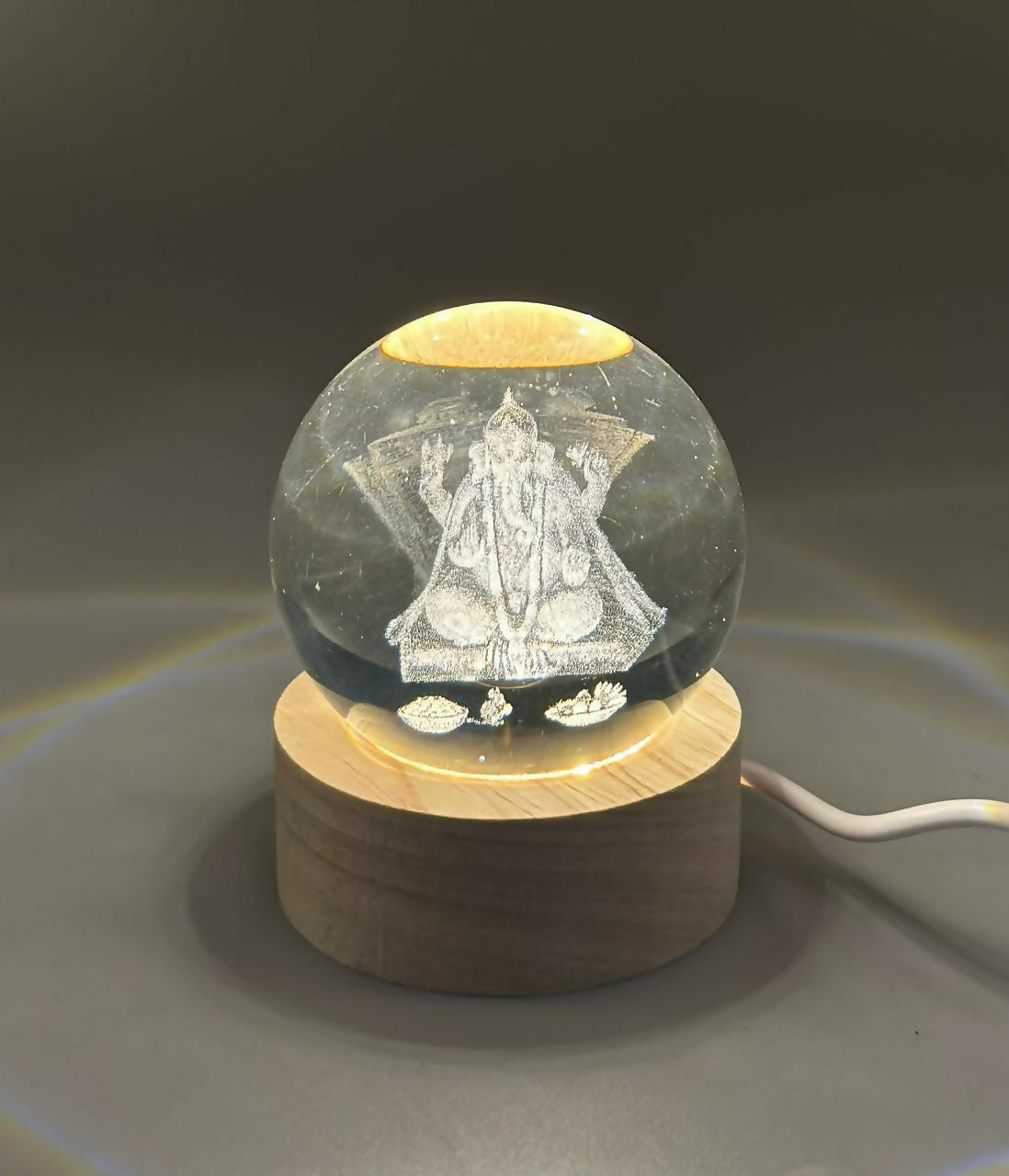 3D Crystal Glass Ball with LED Wooden Base – Engraved Lord Ganesha Decorative Night Light – Spiritual Gift for Home, Mandir, Diwali, Office Desk, and Meditation Décor
